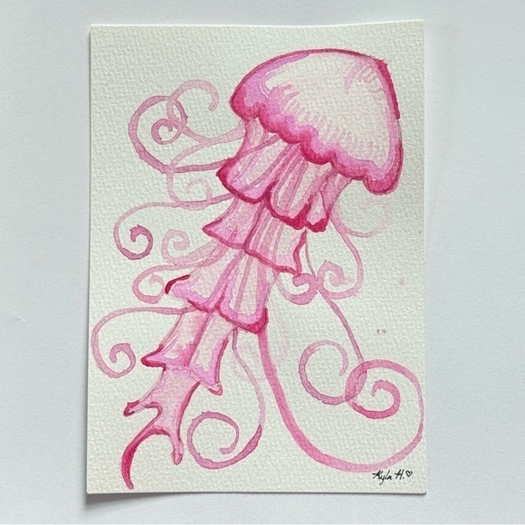 Kyla H Other - “Curly Tentacle Jelly” Original Watercolor Painting — Pink Jellyfish Ocean Art
